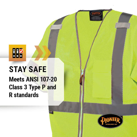 High Visibility Sleeved Mesh Safety Vest With Brilliant Reflective Tape And Utility Pockets Class 3, bright yellow, zippered front, ANSI compliant.