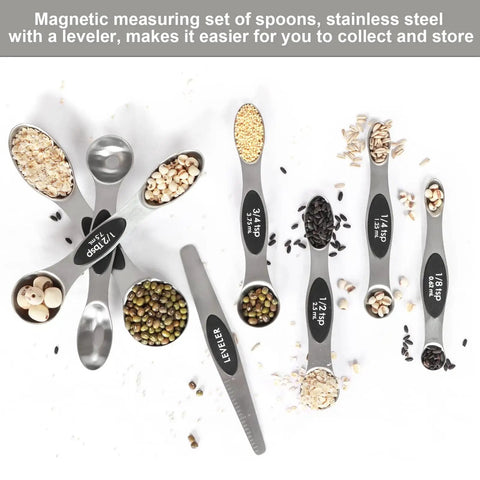 Magnetic Measuring Spoons Set Stainless Steel With Leveler Seven Piece Double Headed Spoons with ingredients