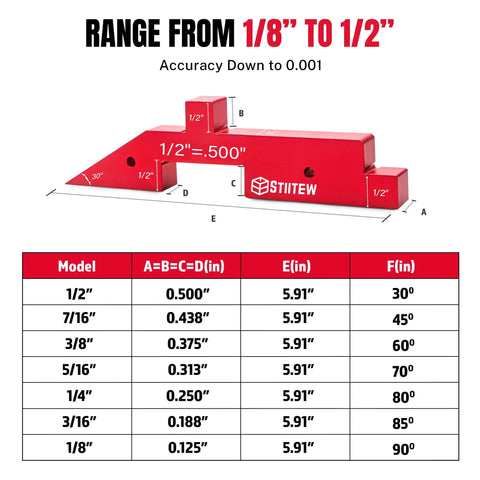 Red anodized aluminum setup block from 8 piece set, shows range 1/8 to 1/2 inch, accuracy 0.001 inch.