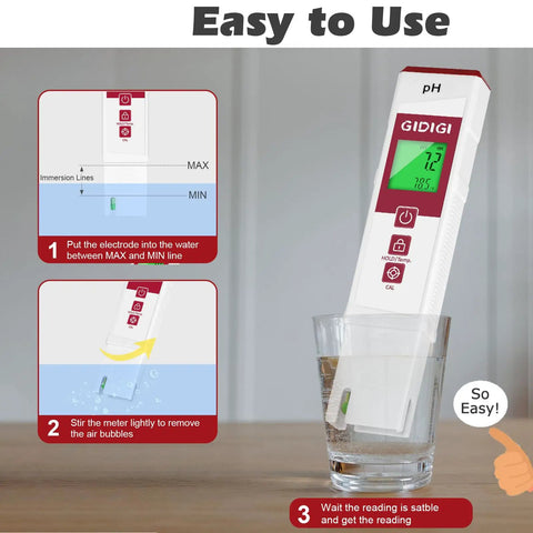 Water pH Meter With Color Display And Dual Data Readout, Easy ATC pH Tester with Calibration Kit in use in glass of water