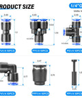Push-to-connect pneumatic fittings kit, 1/4 in OD, 60 pcs including elbows, tees, straights, splitters (PPF/PP)