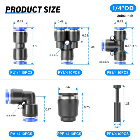 Push-to-connect pneumatic fittings kit, 1/4 in OD, 60 pcs including elbows, tees, straights, splitters (PPF/PP)