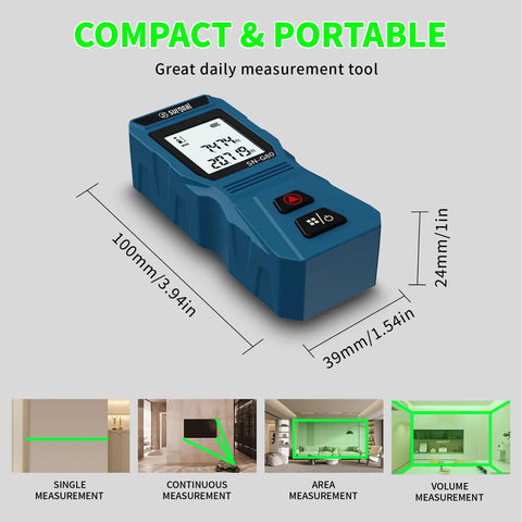 Green Laser Distance Meter 262Ft Portable USB C Rechargeable Digital Measuring Tool showing dimensions and measurement modes