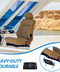 Two Pack Seven Inch Square Swivel Base Delivering A Tight Fit And Smooth Operator Spin Heavy Duty Flat Mount Bracket For Boat Seats Recliners And Bar Stools Black beside a marine seat.