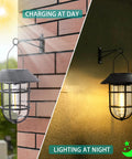 Solar Outdoor Lights Hanging Lanterns Two Pack Waterproof Easy Install With Wall Mount Kit showing day charging and night lighting