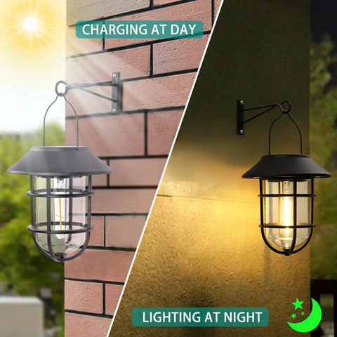 Solar Outdoor Lights Hanging Lanterns Two Pack Waterproof Easy Install With Wall Mount Kit showing day charging and night lighting