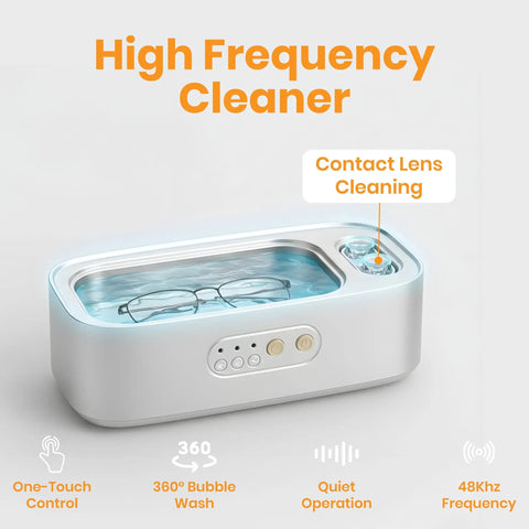 Dope Ultrasonic Jewelry Cleaner 48KHz High Frequency Deep Clean showing glasses in water with controls, 14 oz stainless steel