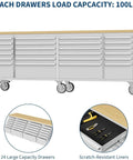 96 Inch Rolling Tool Chest With 24 Drawers For Serious DIYers And Pro Shops, Solid Rubber Wood Workbench Top, Locking Wheels