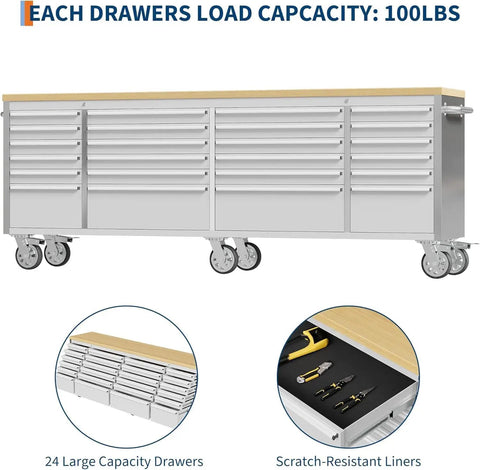 96 Inch Rolling Tool Chest With 24 Drawers For Serious DIYers And Pro Shops, Solid Rubber Wood Workbench Top, Locking Wheels