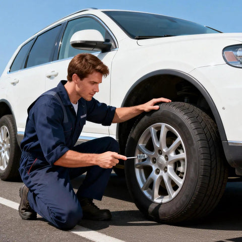 Man using 21 Piece Tire Repair Kit With Premium Spiral Screw In Plugs, Quick Puncture Fix In Minutes on a car tire