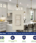 Super Smooth Glide Flicker Free LED Dimmer Wall Switch For 150 Watt Leds Halogen And Incandescent Fixtures No Fuss Install in a modern kitchen.