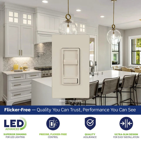 Super Smooth Glide Flicker Free LED Dimmer Wall Switch For 150 Watt Leds Halogen And Incandescent Fixtures No Fuss Install in a modern kitchen.