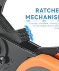 Close-up of hexagonal ratchet mechanism in crimp tool for end sleeves and ferrules, showing serrated jaws and orange handle.
