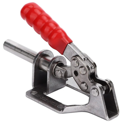 Close-up of Heavy Duty Stainless Steel Toggle Clamp 136kg Clamping Force With 180 Degree Handle showing red grip