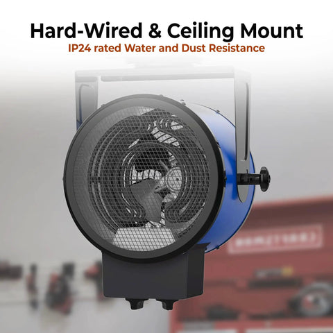 Industrial Ceiling Mounted Garage Heater 5300W 240V Hard Wired Unit front view with steel body and adjustable thermostat