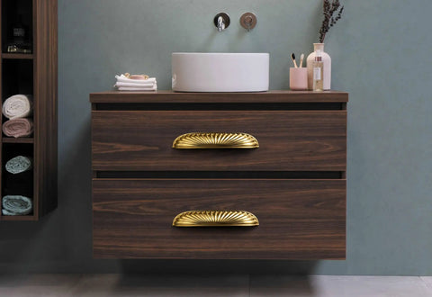 Top Shelf Modern Cabinet Pulls With 5 Inch Hole Centers And Brushed Gold Zinc Alloy Handles For Kitchen Drawers And Furniture Doors Six Pack on wooden drawer.