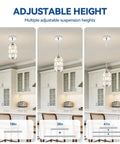etiruety Adjustable Modern Crystal Chrome Pendant Lights Kitchen Island with adjustable heights of 18in, 30in, and 41in.