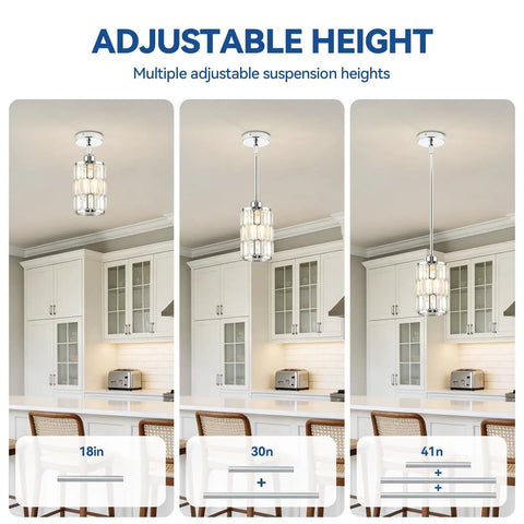 etiruety Adjustable Modern Crystal Chrome Pendant Lights Kitchen Island with adjustable heights of 18in, 30in, and 41in.