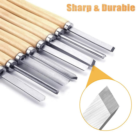 Eight Piece Wood Lathe Tools Set For Turning Chisels With Skews Gouges And Round Nose Pro Grade Lathe Chisels Close-up of Blade Tips