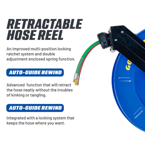 Retractable Welding Hose Reel One Quarter Inch By 65 Feet Twin Oxygen Acetylene Rubber Hoses, Heavy Duty Single Arm