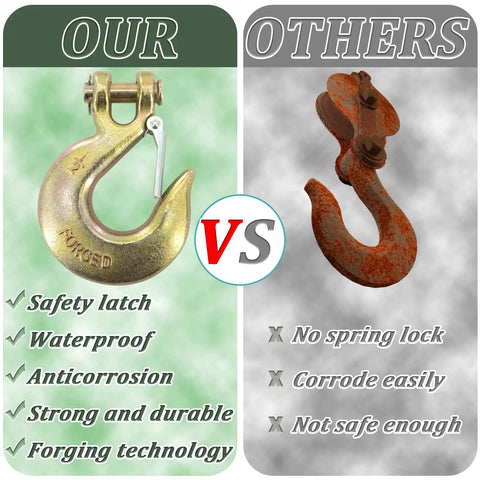 Heavy Duty 1/2 Inch G70 Clevis Chain Hooks With Safety Latch 6 Pack, comparison with rusty hook showing durability and safety features.