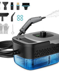 Heavy Duty Handheld Steam Cleaner For Home And Auto, No Fuss Design With Snappy 15 Second Heat Up, Roomy 1600ml Tank with accessories.
