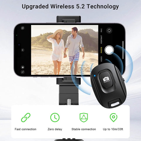 Two Pack Wireless Remote Shutter For iPhone And Android Cameras Bluetooth Photo Clicker with smartphone on tripod