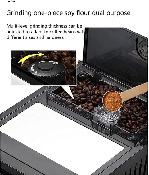 Automatic Home Coffee Machine With Small Touch Screen Built In Grinder Integrated Steam Pump 2L Movable Water Tank Auto Shutoff Easy Clean Quiet Pump All In One Espresso Maker For Everyday Coffee Lovers And Barista Vibes showing coffee bean grinder compartment with adjustable grind settings and beans inside