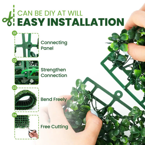 Hands assembling Boxwood Hedge Panel Pack 24 Count 20 By 20 Inches Artificial Grass Wall Backdrop Greenery Wall