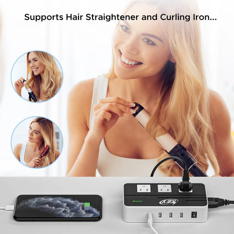 Woman using curling iron with 230W Step Down Voltage Converter 220V To 110V With USB C Port 18W Travel Adapter Worldwide 5 Socket