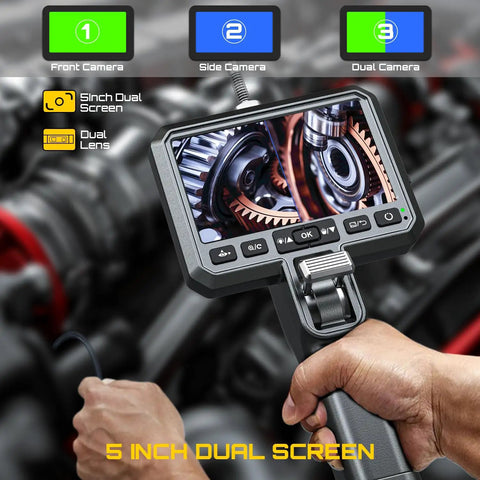 Dual Lens Articulating Borescope With Light, Ultra Thin 0.25in Probe, 5ft in use inspecting engine gears with dual camera display