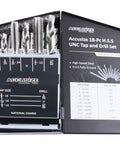 Pro Grade HSS Tap And Drill Set For UNC Threads 18 Piece Kit displayed with metal index box open