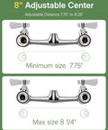CENOSA Wall Mount Faucet 8" Center, Commercial Sink Faucet with 14" Spout, showing adjustable center spread from 7.75" to 8.25".