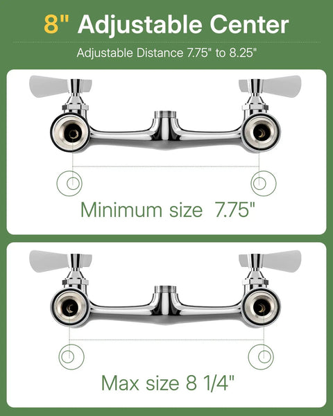 CENOSA Wall Mount Faucet 8" Center, Commercial Sink Faucet with 14" Spout, showing adjustable center spread from 7.75" to 8.25".