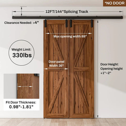 12FT Heavy Duty Aluminum Box Rail for Double Barn Door Hardware, weight limit 330 lbs, showing clearances and dimensions.