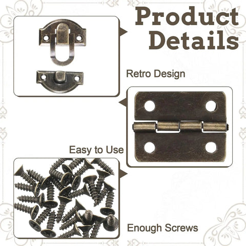 Product details of Antique Bronze Jewelry Box Hinges And Latches Set For Wooden Boxes with screws, hinge, and hasp.