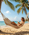 Two Person Hammock 79 By 59 Inches Cotton Rope Outdoor Camping Hammock With 550 Lb Weight Capacity on tropical beach