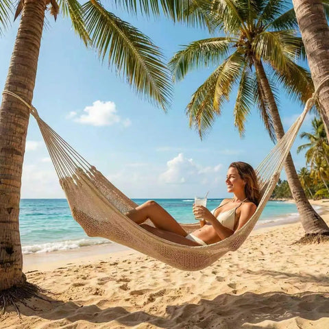 Two Person Hammock 79 By 59 Inches Cotton Rope Outdoor Camping Hammock With 550 Lb Weight Capacity on tropical beach