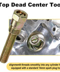 Straight From The Shop Heavy Duty Piston Stop Tool And Tdc Locator Screw Built Tough For 14Mm Spark Plugs, showing brass screw in engine cylinder.