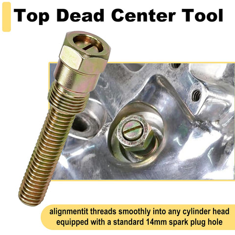 Straight From The Shop Heavy Duty Piston Stop Tool And Tdc Locator Screw Built Tough For 14Mm Spark Plugs, showing brass screw in engine cylinder.