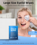 Front view of a large white textured eyelid wipe sheet beside a blue Eyelid Wipes packet for eye cleansing