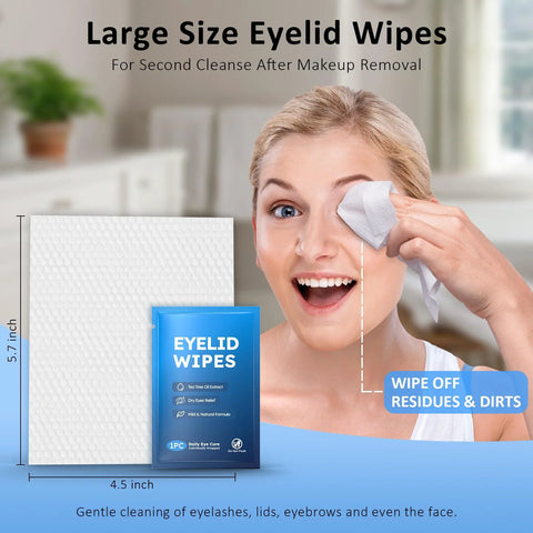 Front view of a large white textured eyelid wipe sheet beside a blue Eyelid Wipes packet for eye cleansing