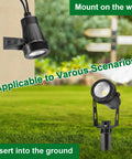 Low Voltage LED Landscape Lights Kit 4 Pack With Transformer Plug In 12V Warm White Spotlight mounted and grounded.