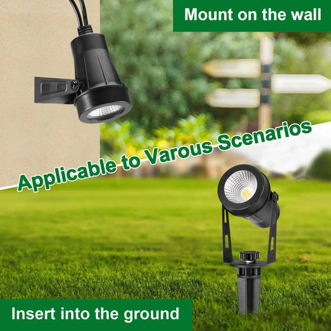 Low Voltage LED Landscape Lights Kit 4 Pack With Transformer Plug In 12V Warm White Spotlight mounted and grounded.