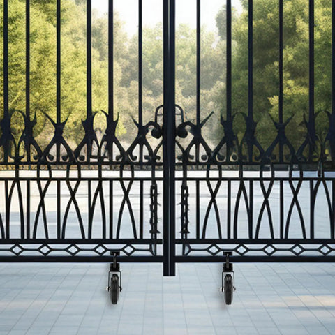 Rugged Tough As Nails Gate Wheels For Metal Tube Gates And Driveways With Solid Rubber Tires installed on metal gate