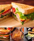 Durable Aluminum Grilled Sandwich Maker For Stovetop Use with toasted sandwich and fresh ingredients on wooden surface.