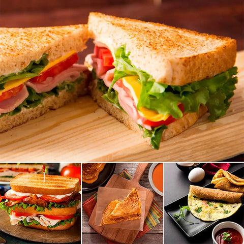 Durable Aluminum Grilled Sandwich Maker For Stovetop Use with toasted sandwich and fresh ingredients on wooden surface.