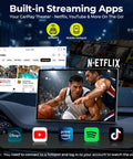 9 Inch Wireless Apple CarPlay Screen with Netflix, showing basketball game, YouTube interface on the side in car dashboard