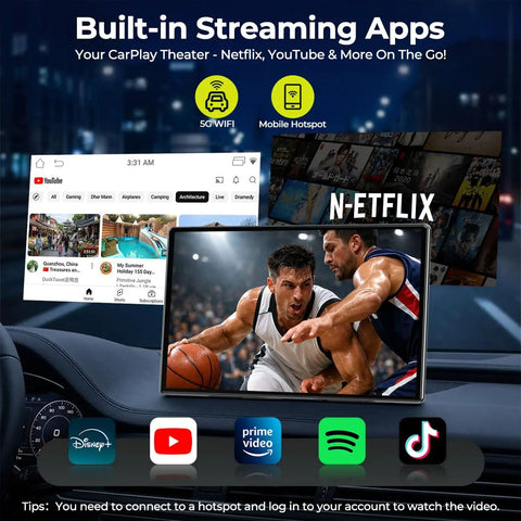 9 Inch Wireless Apple CarPlay Screen with Netflix, showing basketball game, YouTube interface on the side in car dashboard