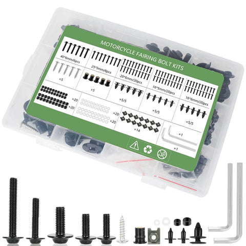 195 Piece Stainless Steel Motorcycle Fairing Bolt Kit M5 M6 Universal Fit with screws, fasteners, clips, in storage box.